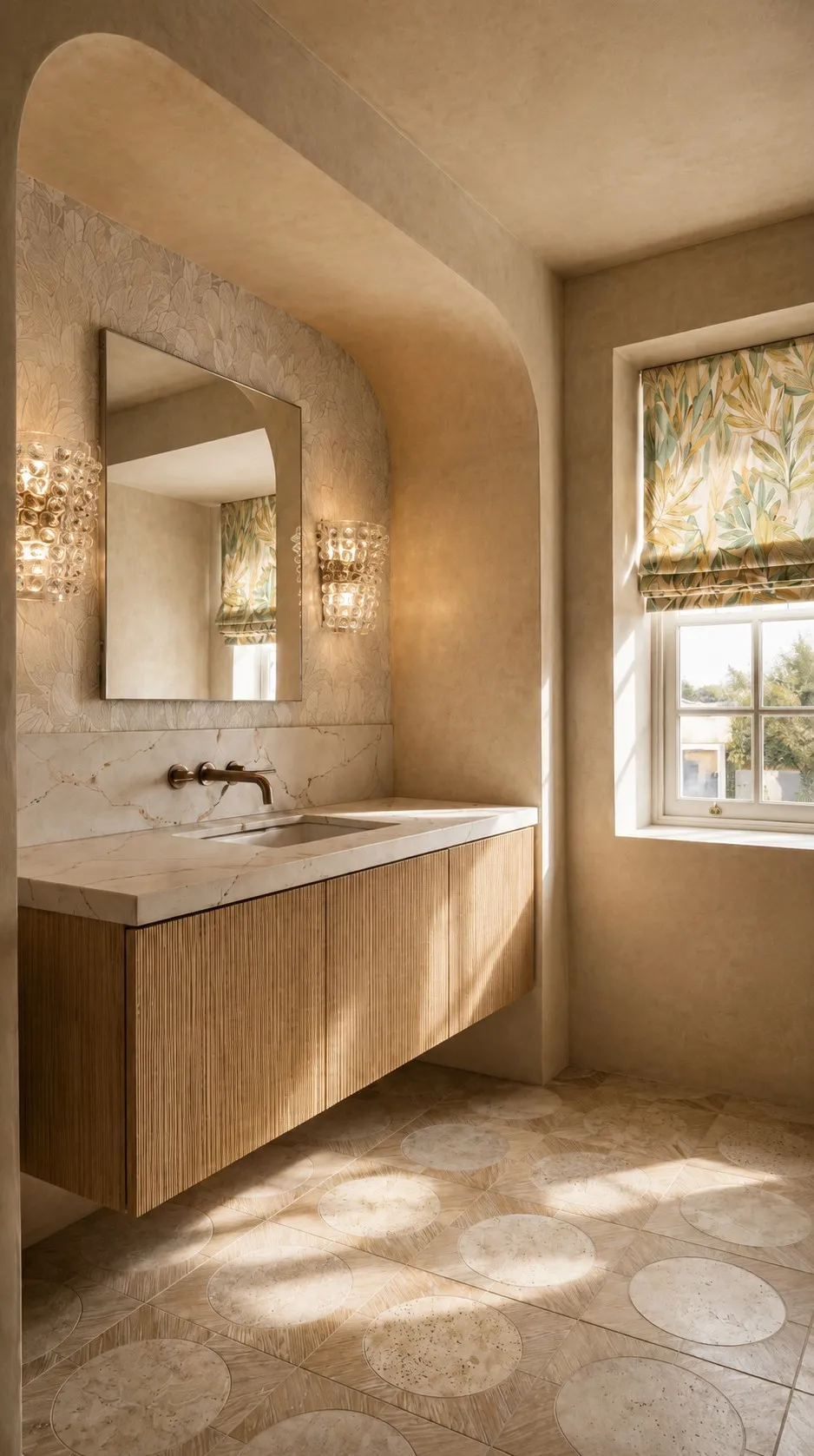 Fluted oak vanity with marble top and brushed brass taps in the arched alcove, lit by crystal sconces