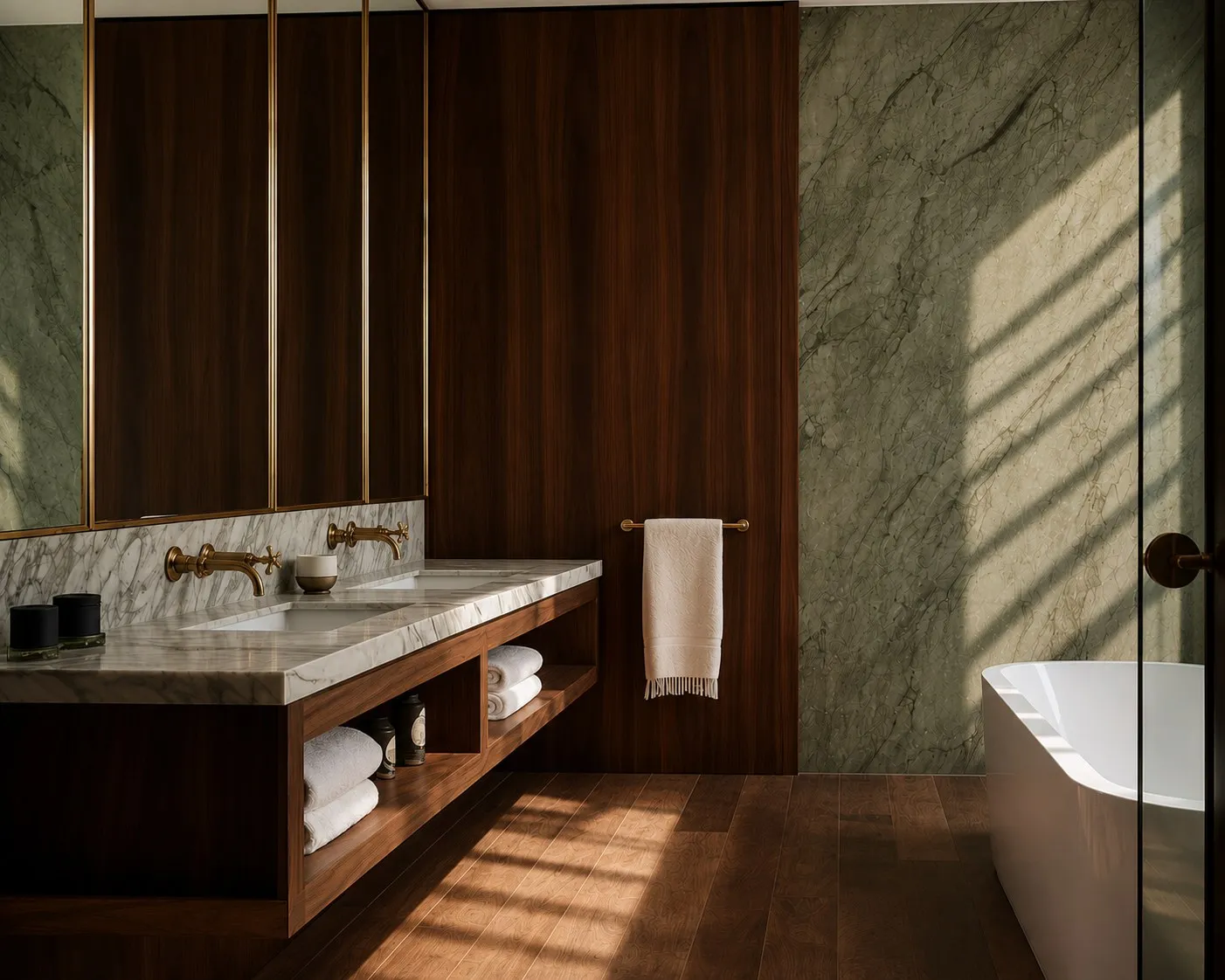 Bathroom with green marble slab wall, walnut and marble vanity and brushed brass taps