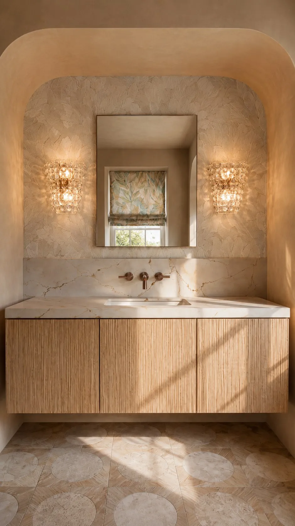 Main bathroom with arched alcove, marble vanity and crystal sconces