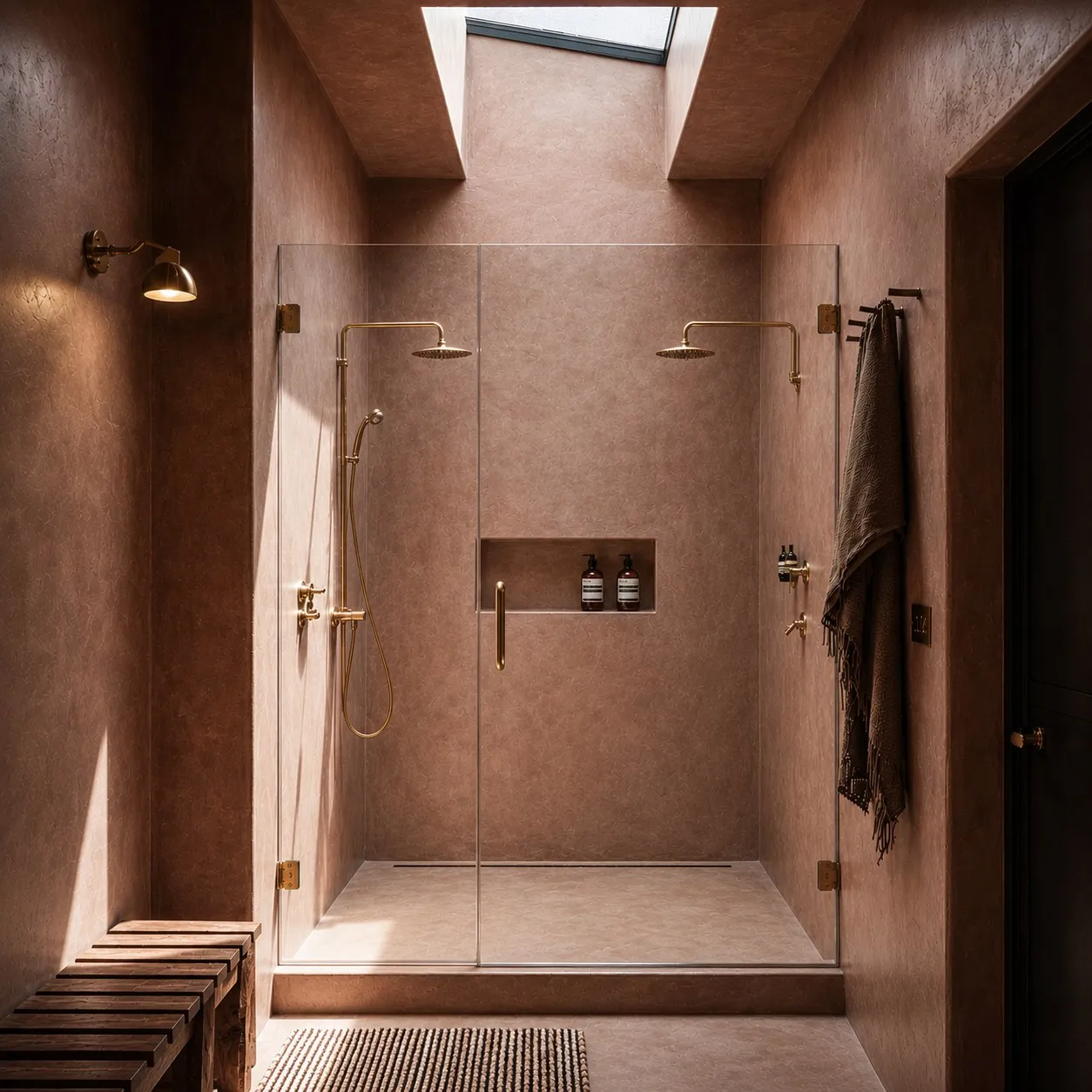 Venetian lime plaster bathroom with double walk-in shower, skylight and brass fittings