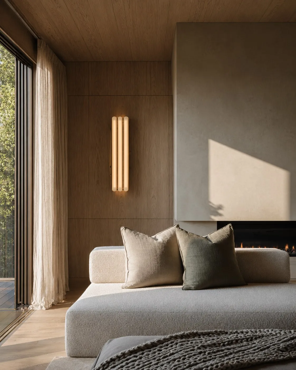 Bedroom corner with daybed, fireplace and timber-clad walls