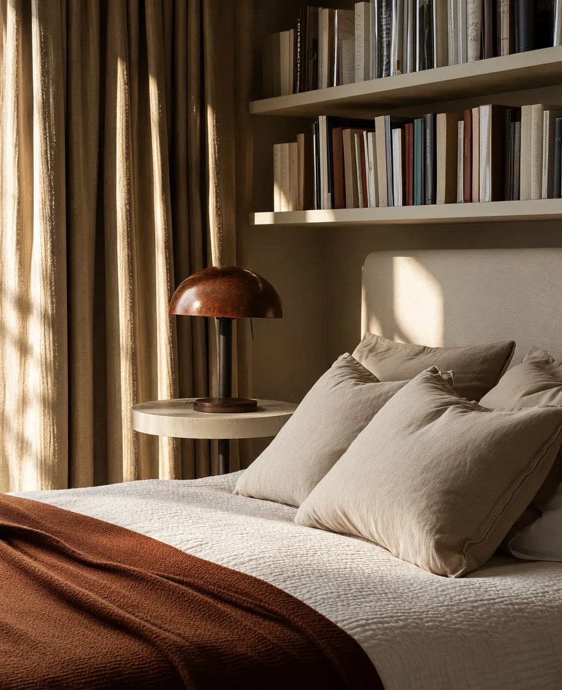 Bedroom corner in linen and boucle with a small shelf-side reading lamp