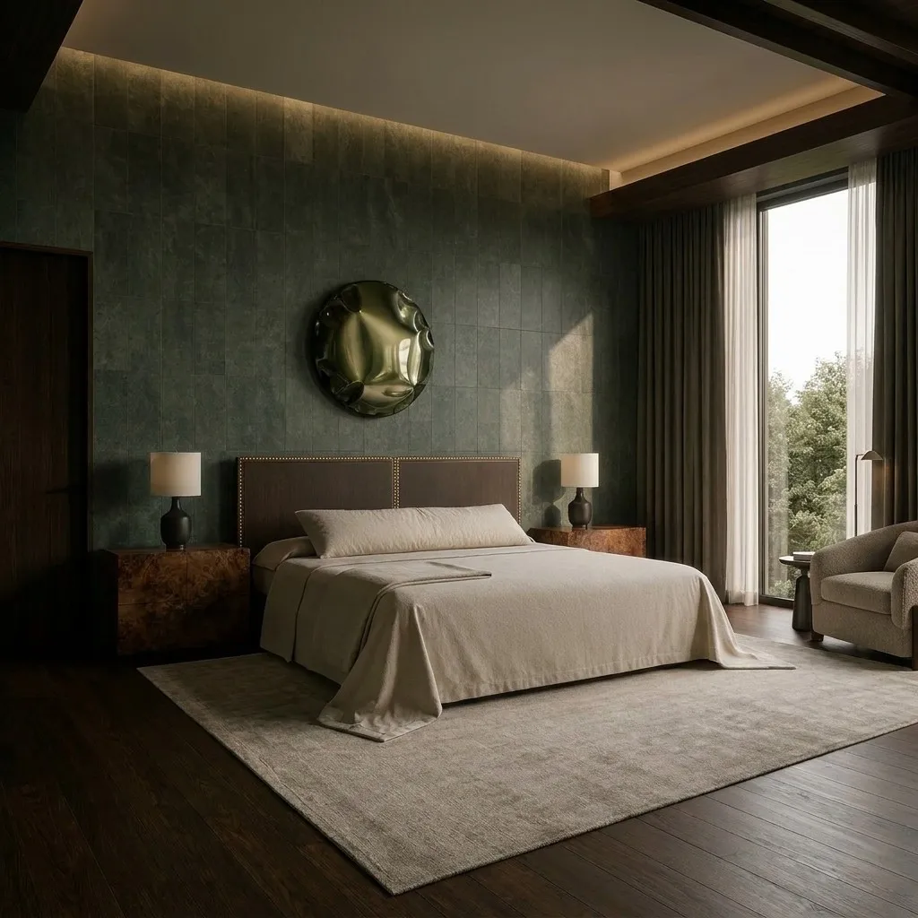 Master bedroom with green panelled walls, walnut headboard and the high-gloss metal wall sculpture