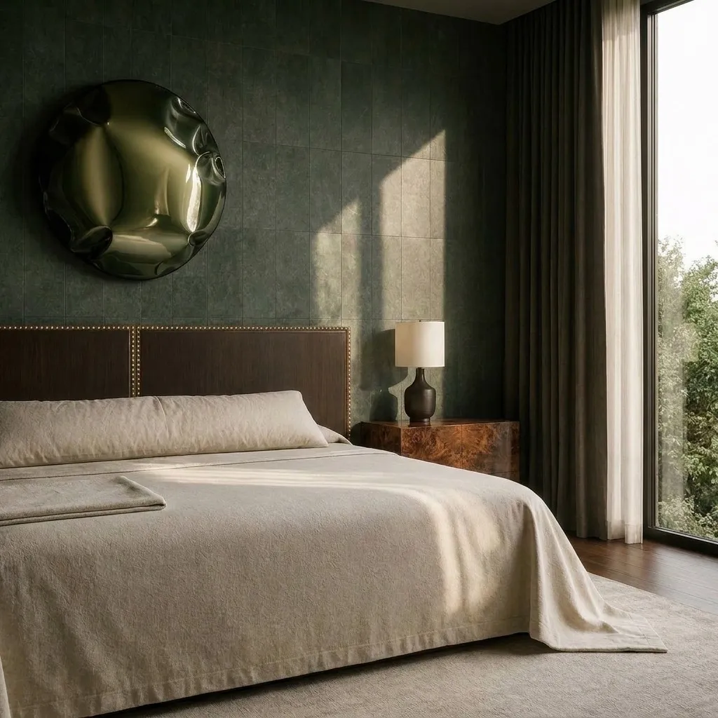High-gloss metal sculpture above the walnut headboard with burl wood nightstand