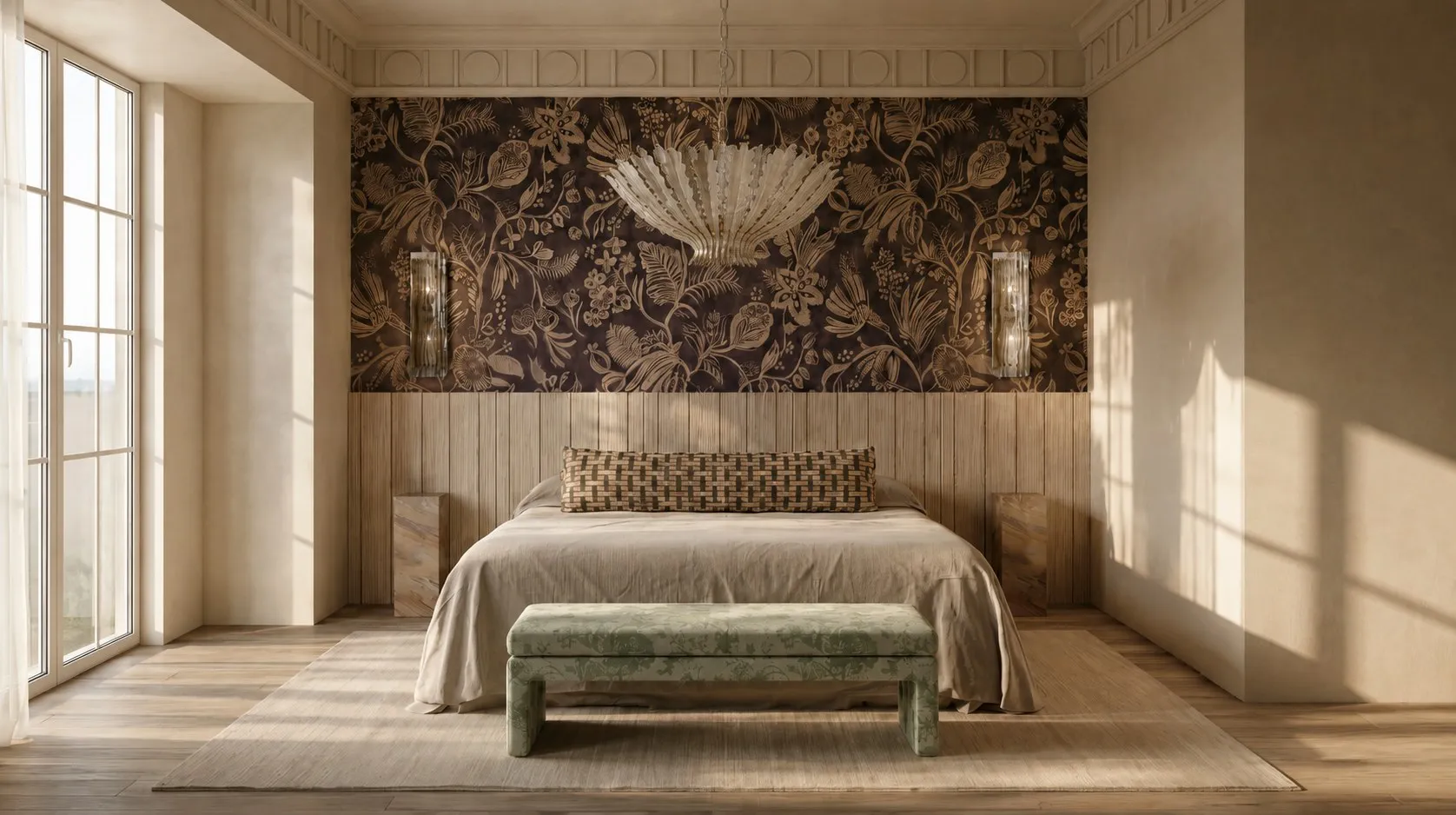 Main bedroom with botanical wallpaper above an upholstered panelled wall