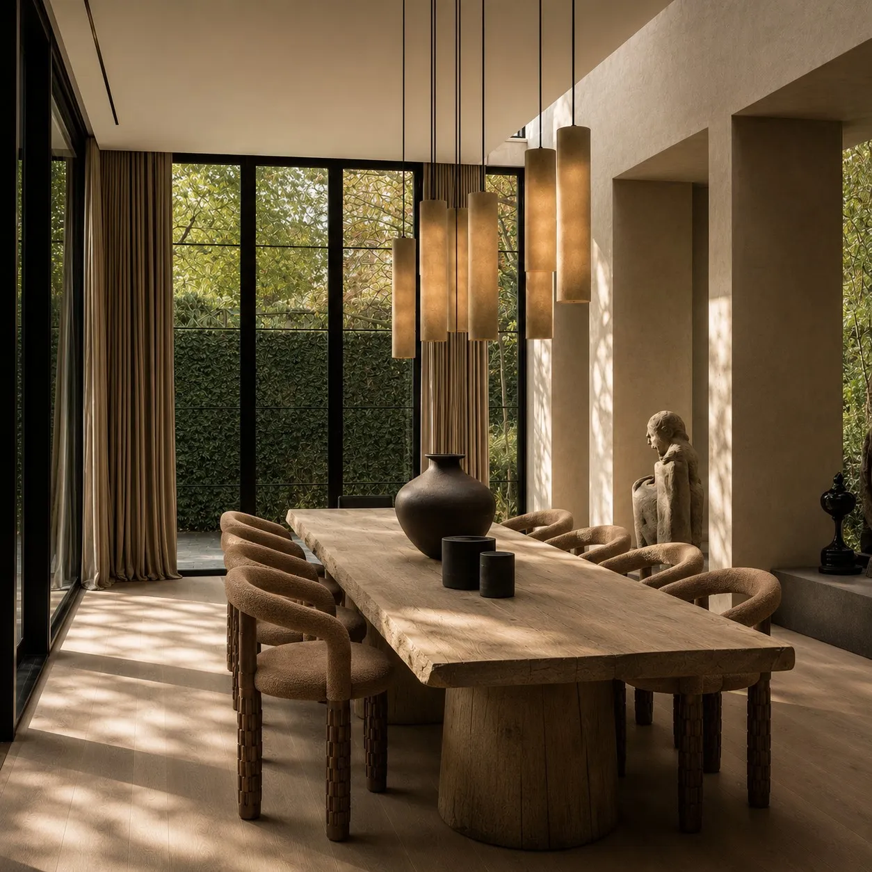 Full view of the dining room with pendant cluster, organic timber table and stone sculpture