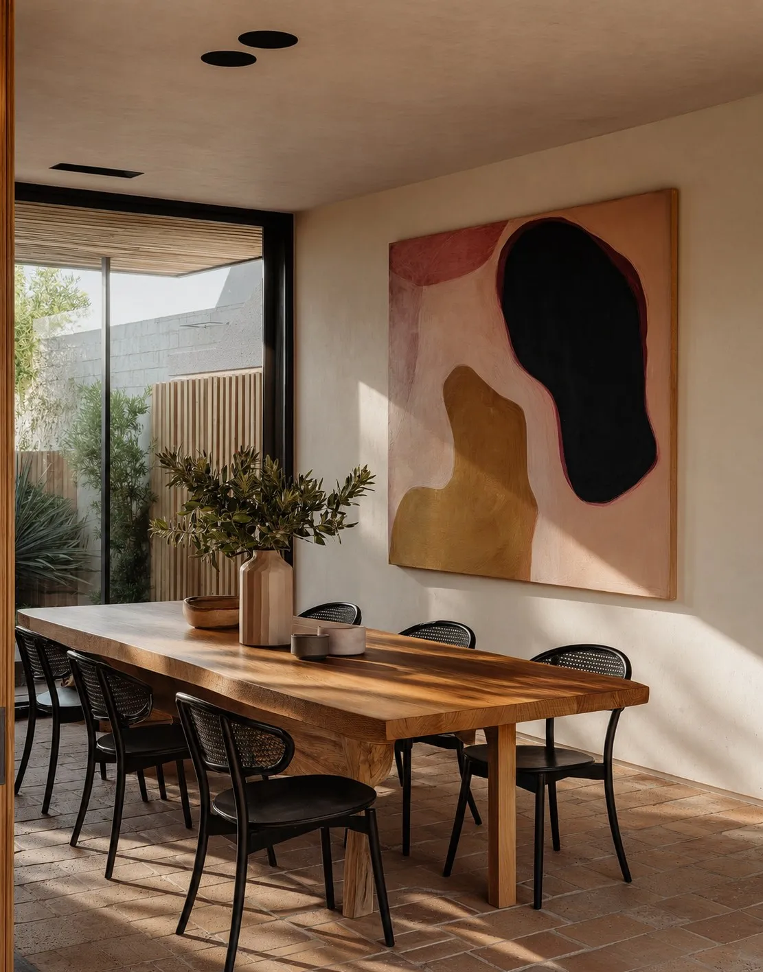 Dining room with timber table, black chairs and bold abstract artwork