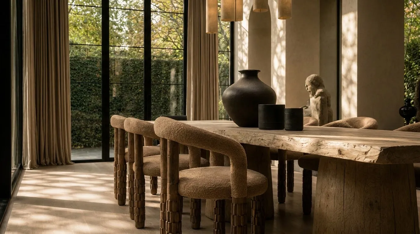 Dining area with organic timber table and sculptural chairs beside full-height glazing