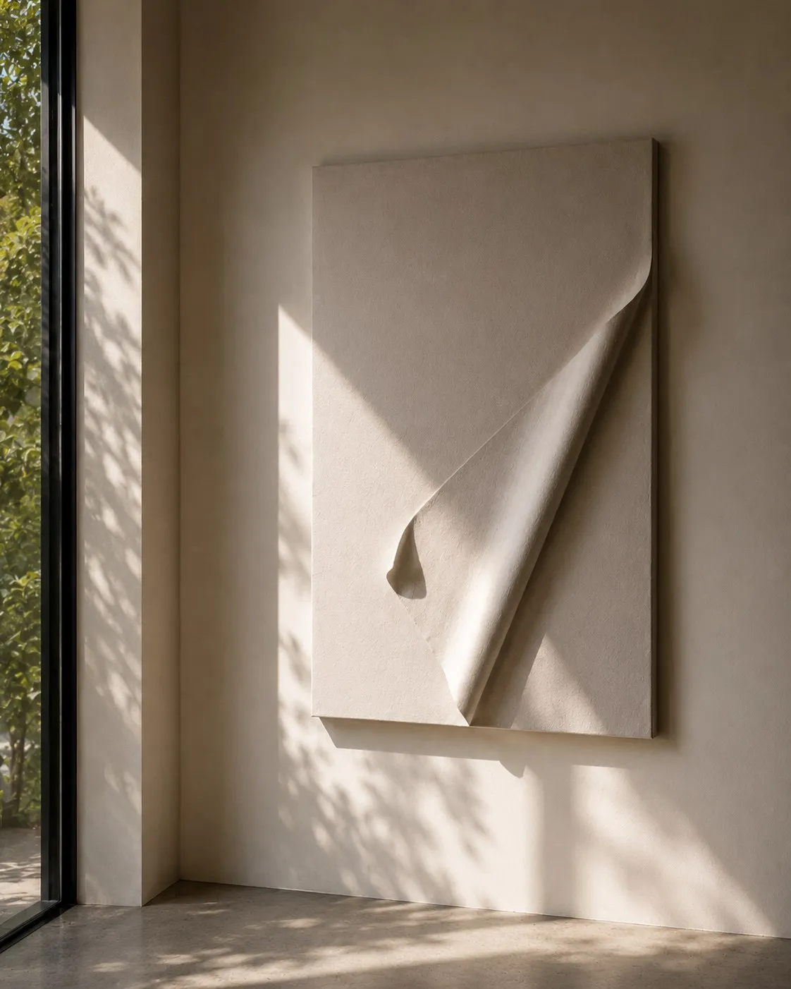 Clean, airy entryway with a sculptural custom artwork on the wall