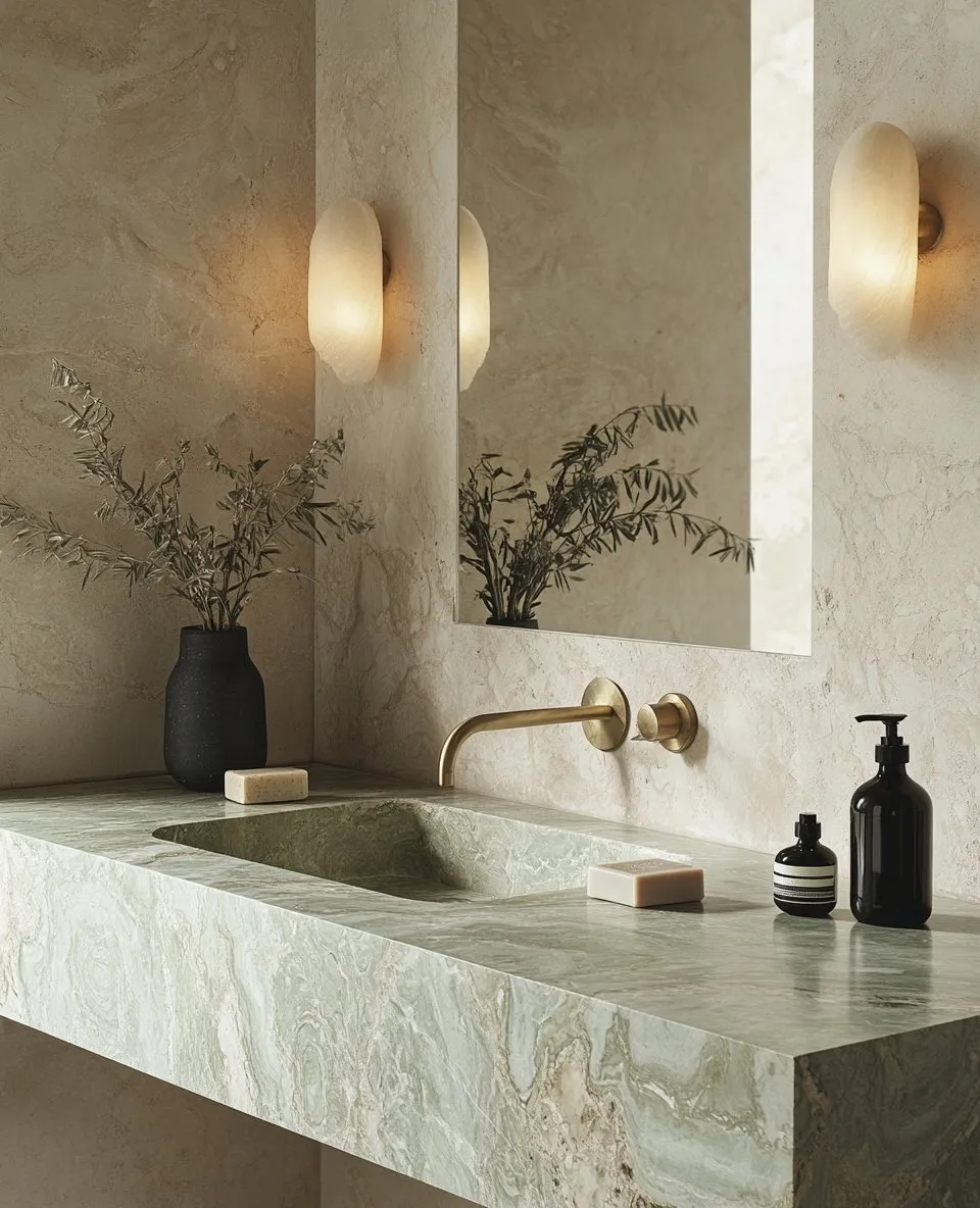 Wellness bathroom with natural stone, soft lighting and considered mirror placement