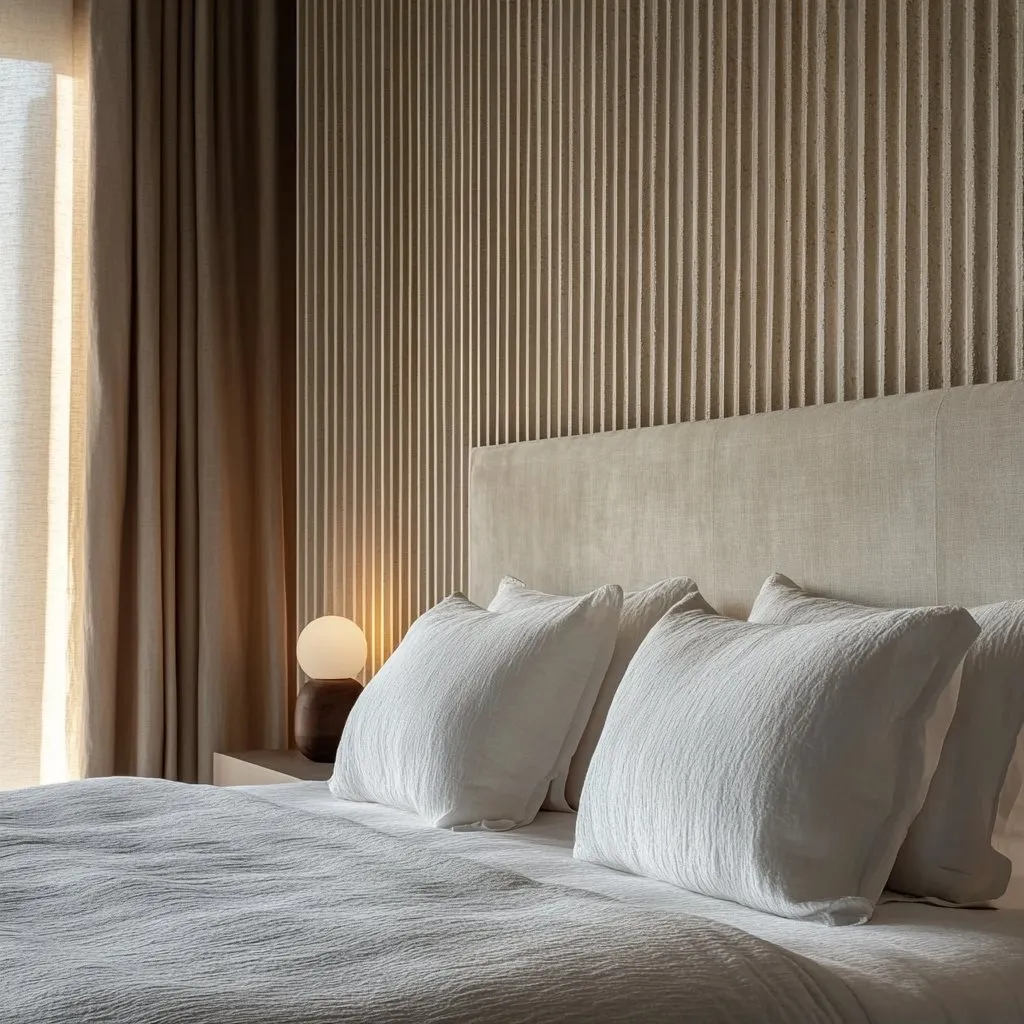 Bedroom detail with natural linen, timber panelling and soft lighting