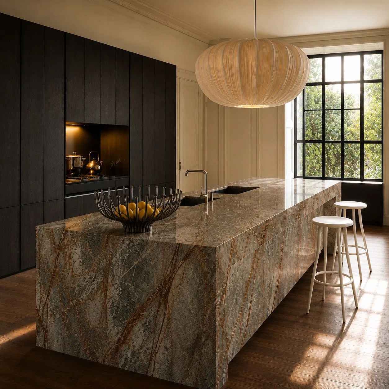 Monolithic stone kitchen island with statement black cabinetry and Crittall-style window, The Arches townhouse