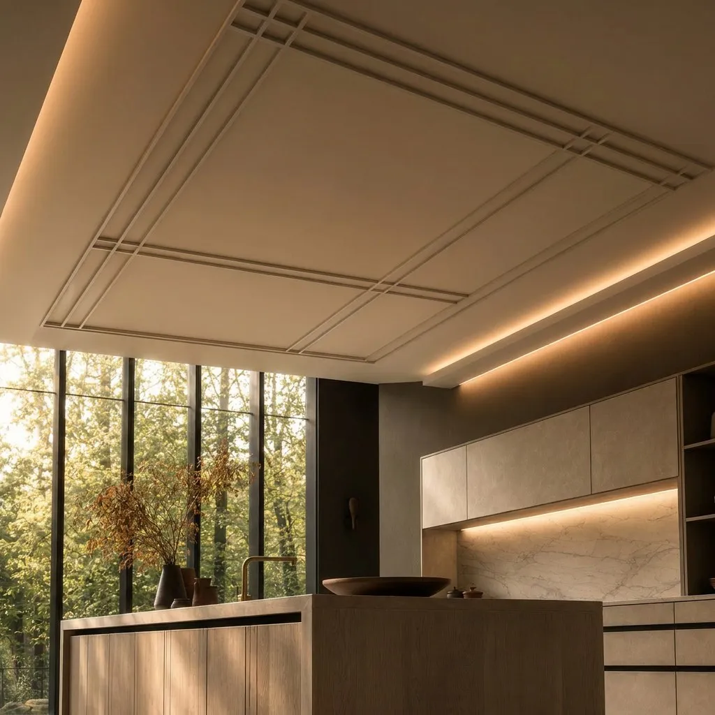 Kitchen detail with panelled ceiling and concealed lighting above full-height glazing
