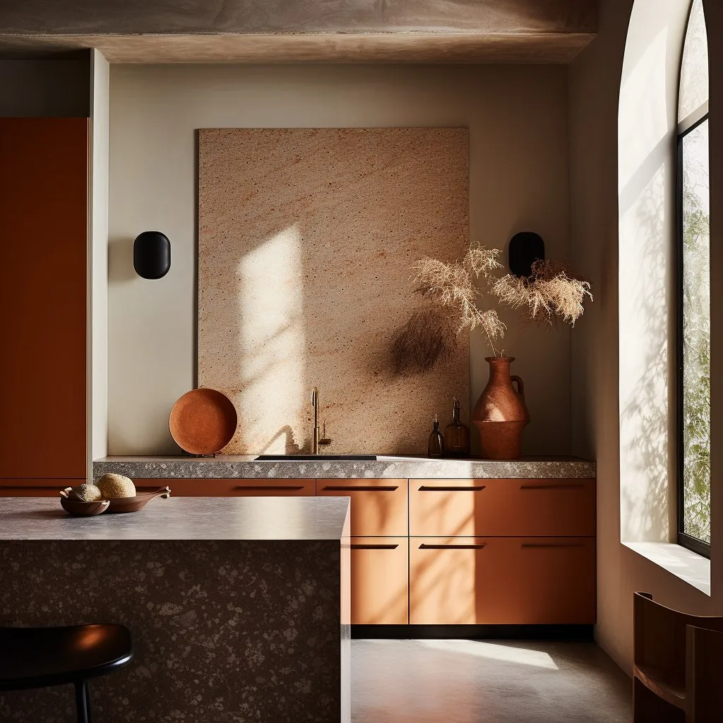 Hand-painted orange cabinetry with terrazzo counter and textured stone panel beside an arched window