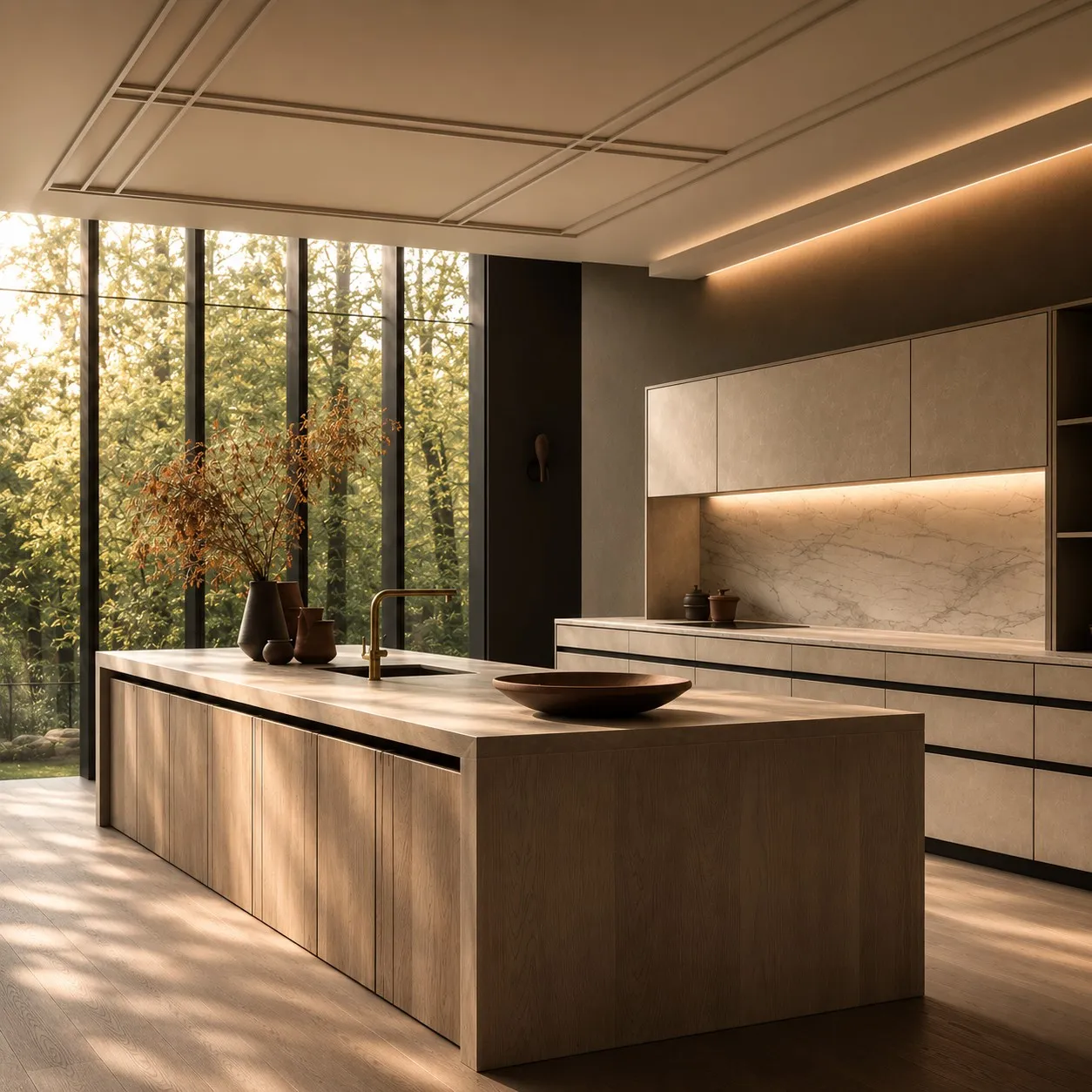 Wood-effect slab kitchen island with marble splashback beneath a panelled ceiling