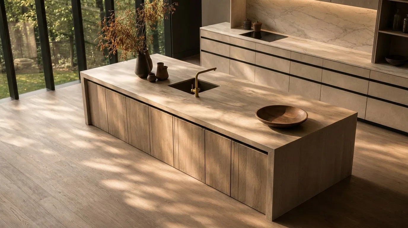 Wood-effect slab kitchen island in a light-filled corner of full-height glazing
