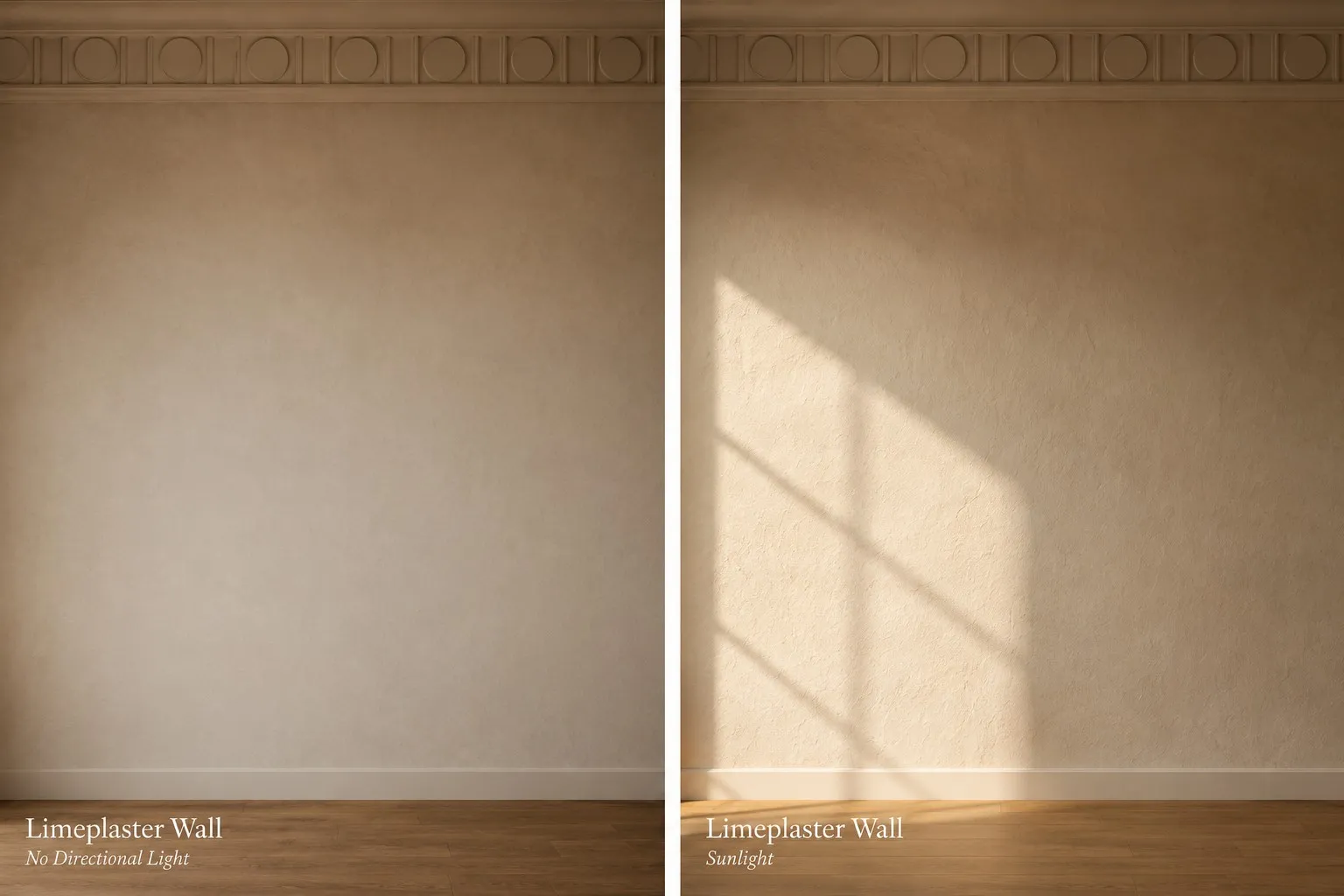 Visual study of a lime plaster wall shown twice, once in flat ambient light and once with sunlight falling across it, showing how the surface texture changes