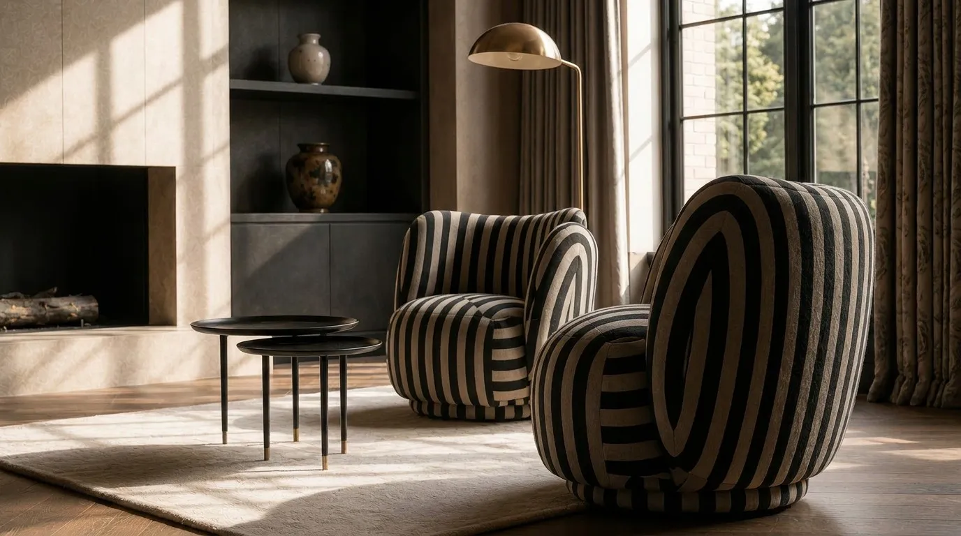 Pair of striped sculptural armchairs by the fireplace with a brass floor lamp