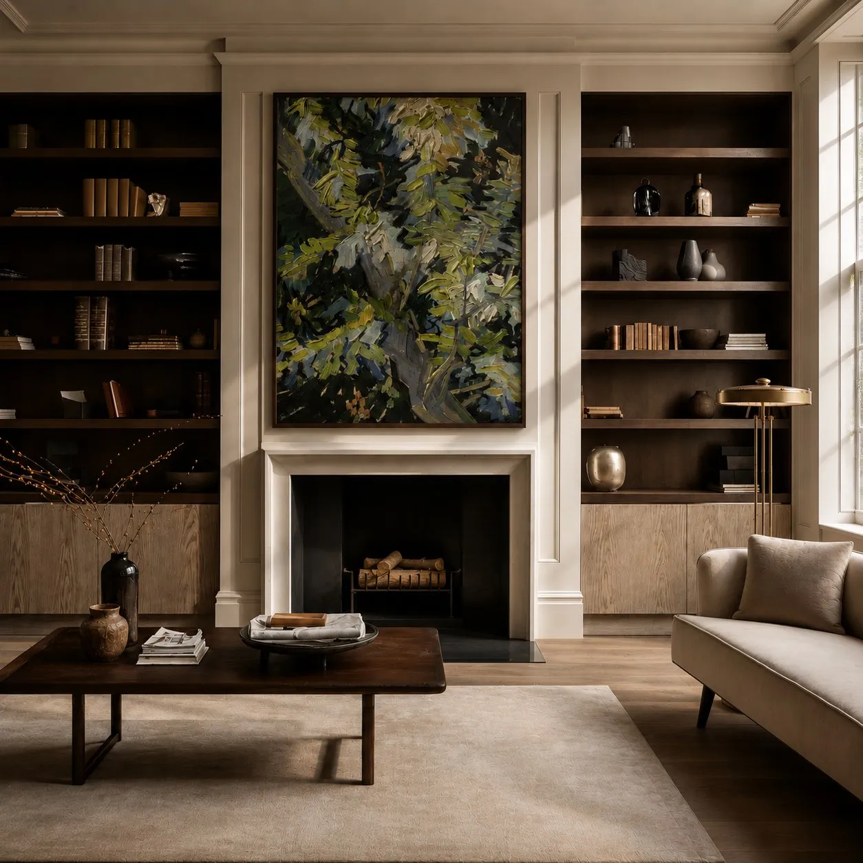 Living room with limestone fireplace, dark timber shelving, collected objects and a large botanical painting