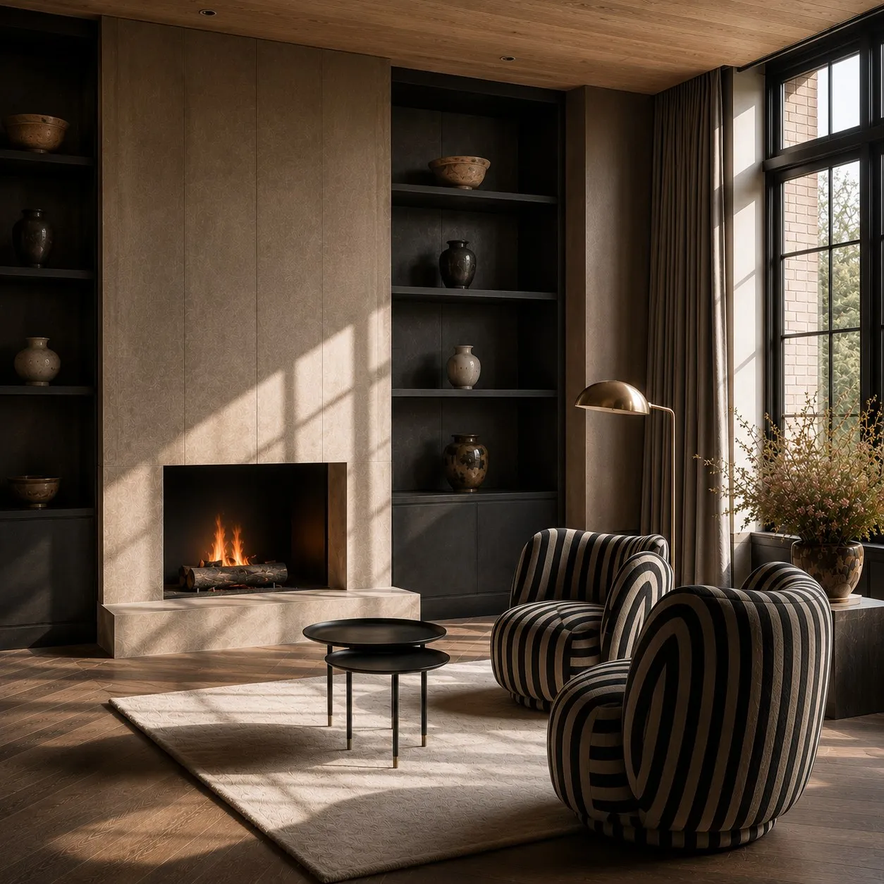 Living room fireplace with a pair of striped sculptural armchairs