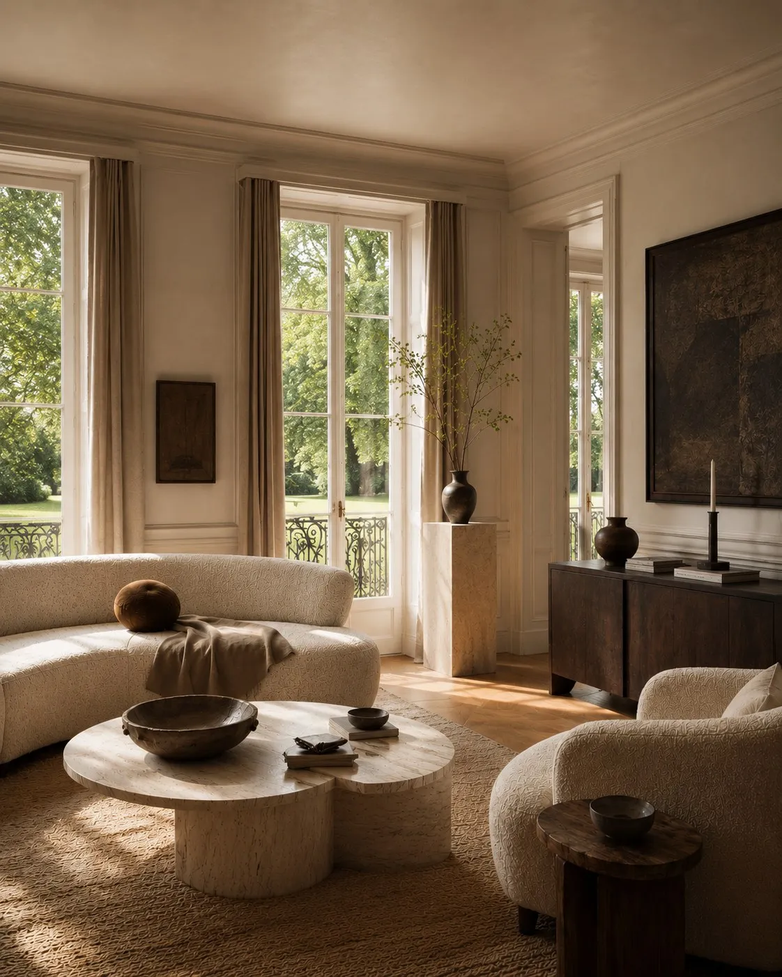 Townhouse living room with curved boucle sofas, tall windows, original mouldings and garden views