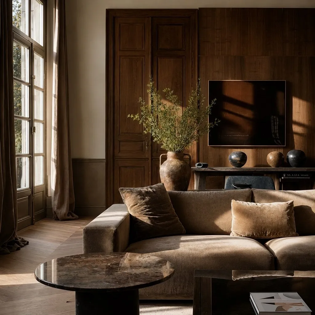 Walnut-panelled living room with deep sofas and a marble side table