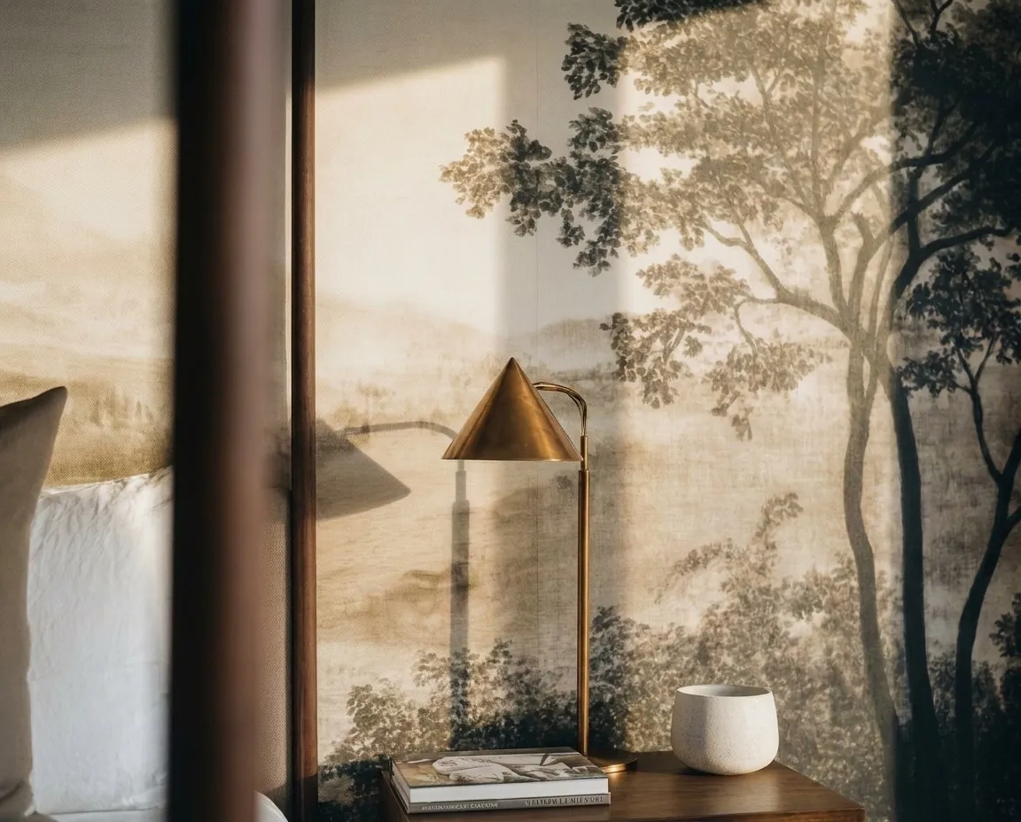 Detail of the forest mural wallpaper with brushed brass table lamp on a walnut nightstand