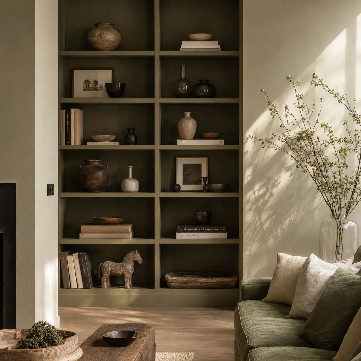 Small sitting room with olive shelving and a green sofa