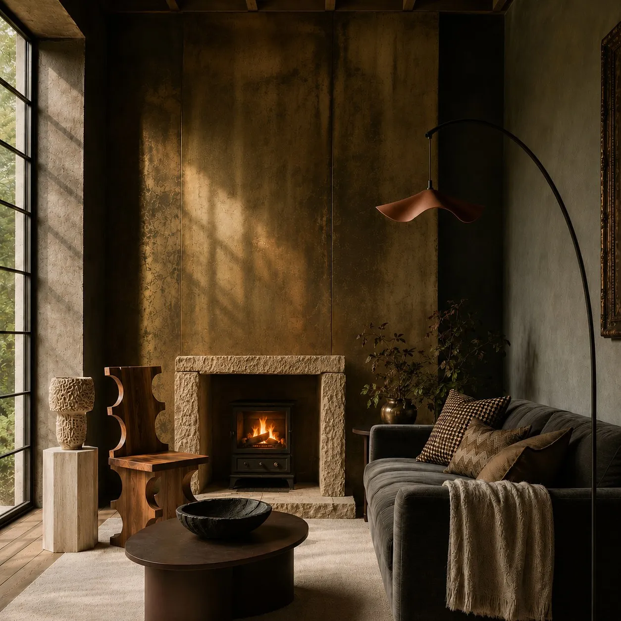 Snug with stone fireplace, patinated wall finish and deep dark sofa