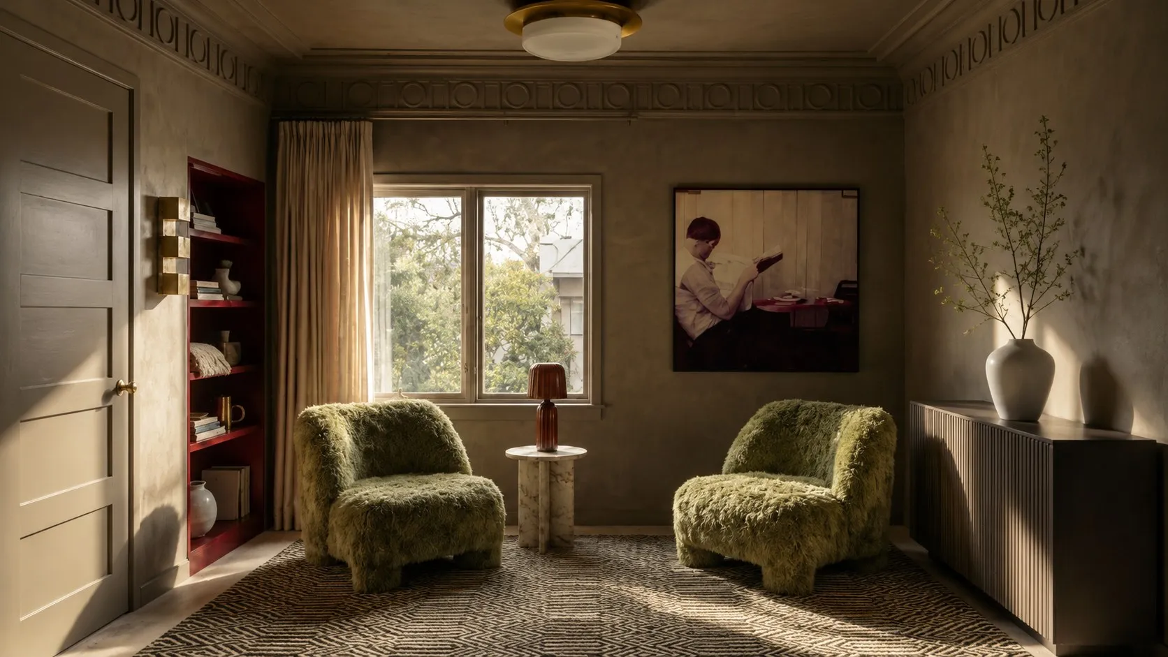 Moody snug sitting room with olive chairs and a red lacquered bookcase inset