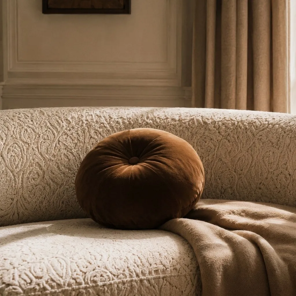Detail of curved boucle sofa with round velvet cushion beneath original mouldings