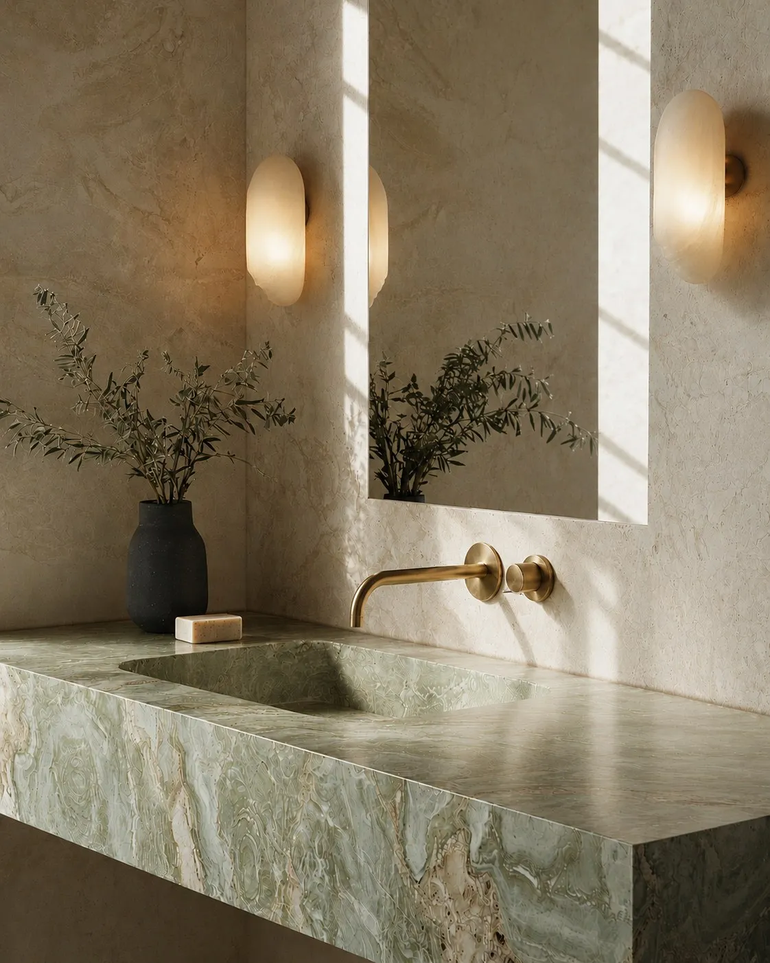 Custom natural green stone sink with brushed brass wall-mounted tap and soft plaster walls