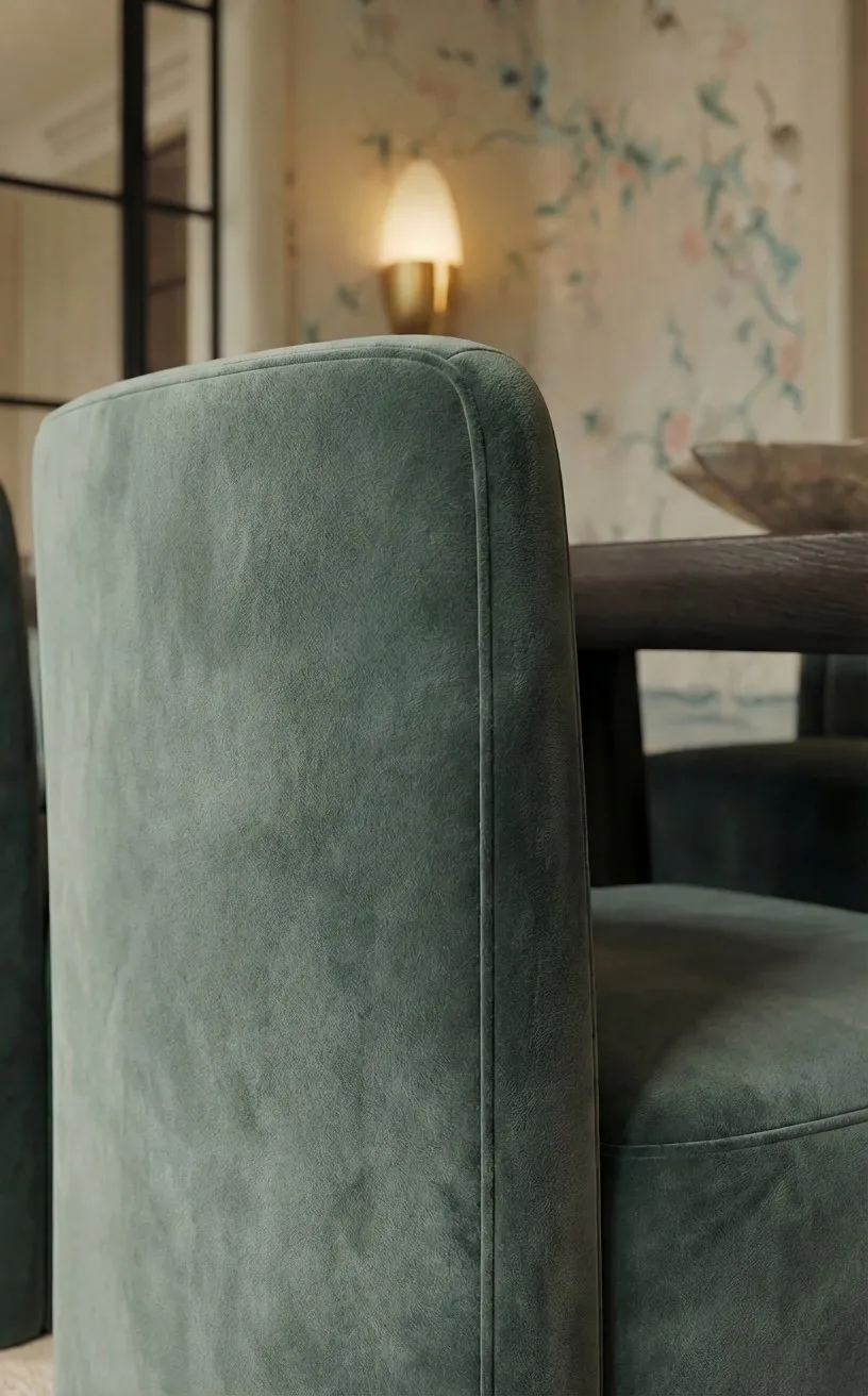 Green velvet dining chair beside the dark timber dining table