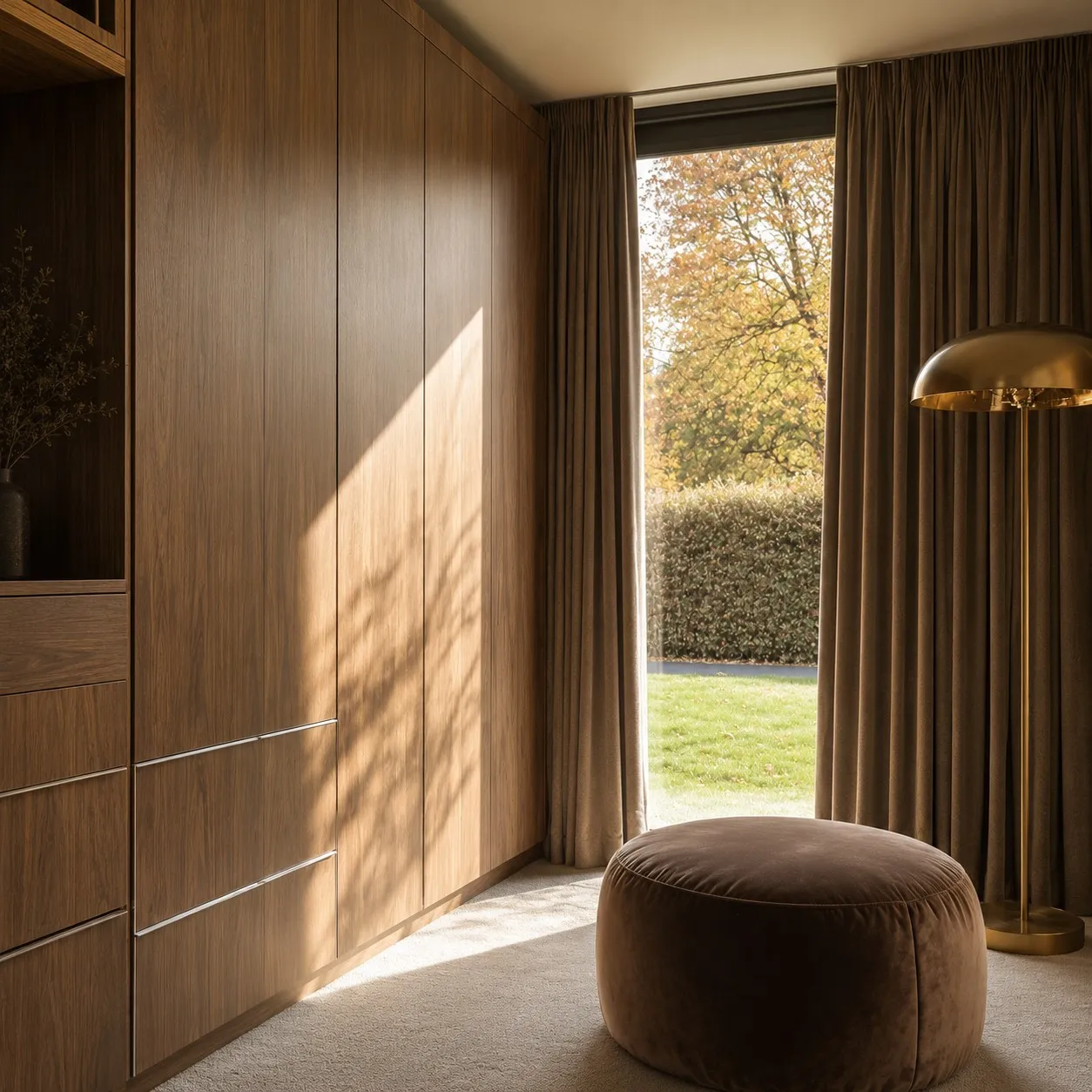 Walnut walk-in wardrobe with velvet ottoman and brass dome floor lamp beside the garden window