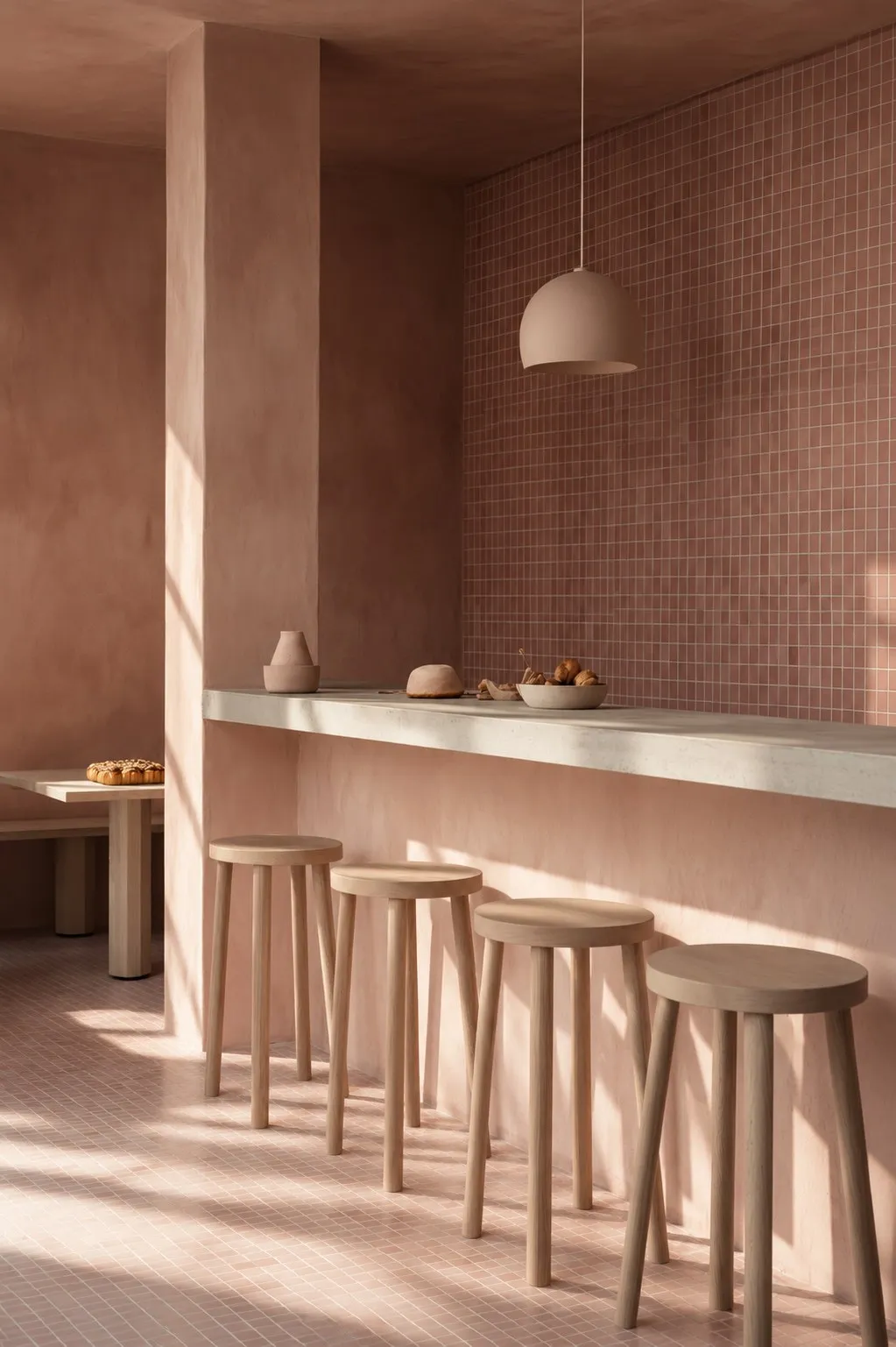 Cafe window bar with pink mosaic tile wall, concrete ledge, pale timber stools and blush pendant light