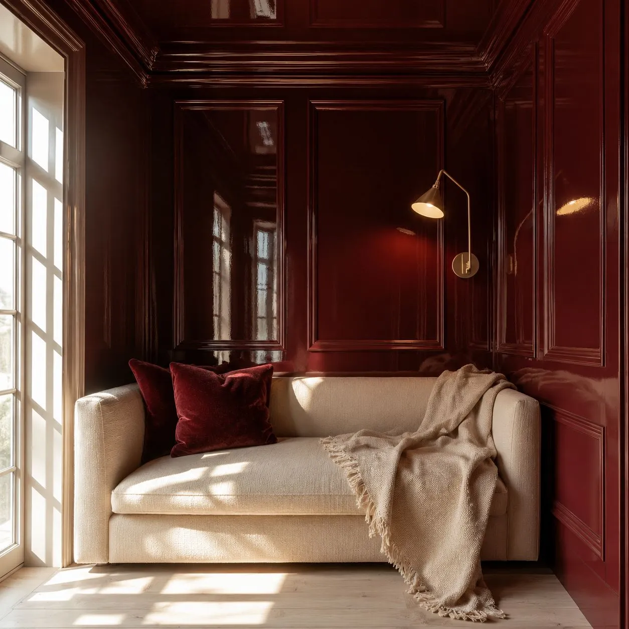 Snug wrapped in deep red lacquered panelling with a cream sofa, The Lacquer House
