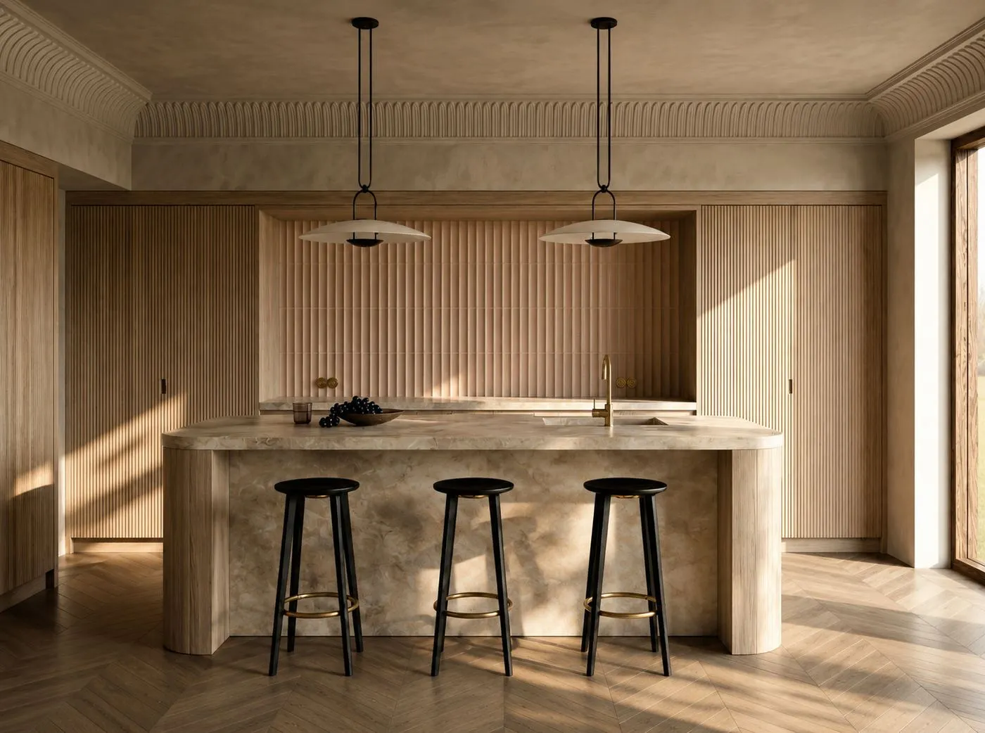 Fluted oak kitchen with marble island and plaster cornicing, The Ochre House