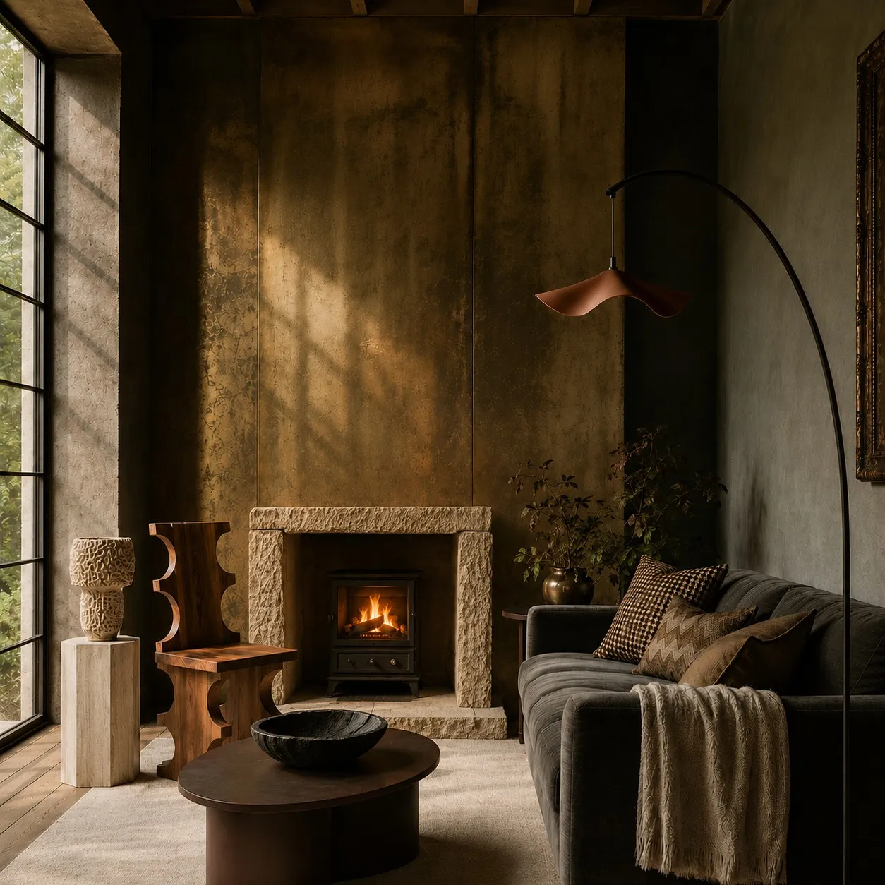 Snug with rough-hewn stone fireplace, patinated wall finish and dark velvet sofa, The Arches townhouse