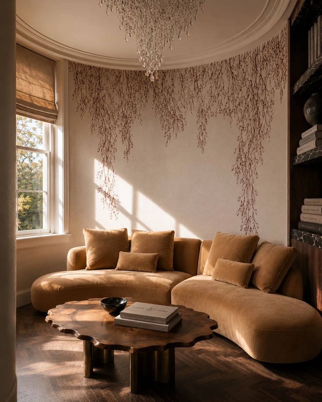 Curved gold velvet sofa beneath cascading branch wallpaper in the Sobremesa library